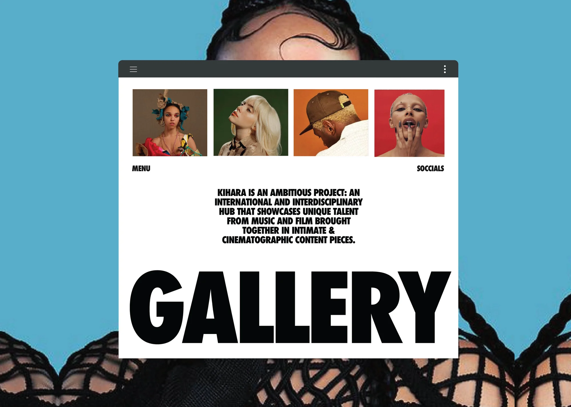 A stylized website gallery page featuring thumbnails of creative content, including music and film, in a modern, artistic presentation.