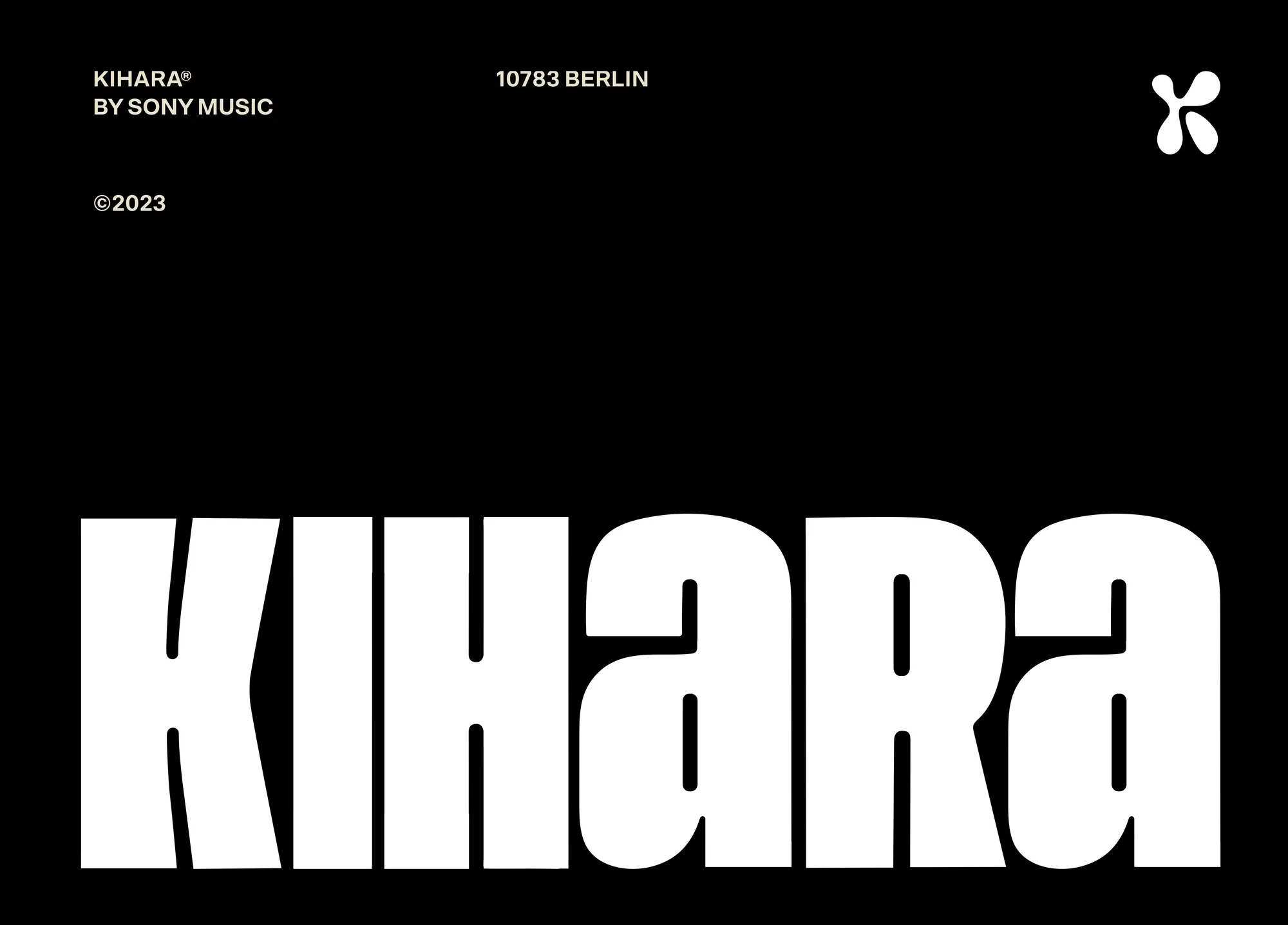 Black and white KIHARA graphic with Sony Music copyright and 10783 Berlin address info with abstract logo at the top right.