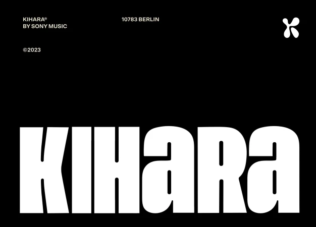 Black and white KIHARA graphic with Sony Music copyright and 10783 Berlin address info with abstract logo at the top right.