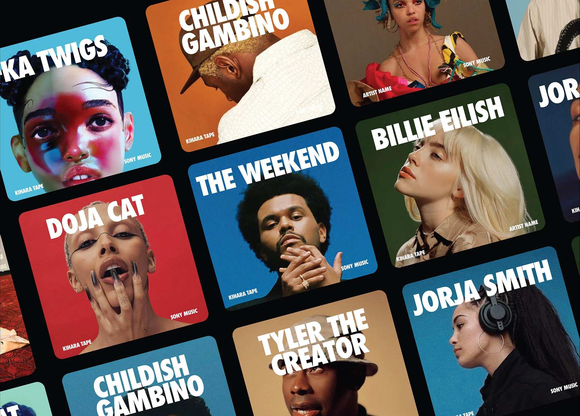 Compilation of diverse music album covers featuring various artists including FKA Twigs, Childish Gambino, Doja Cat, and Billie Eilish.