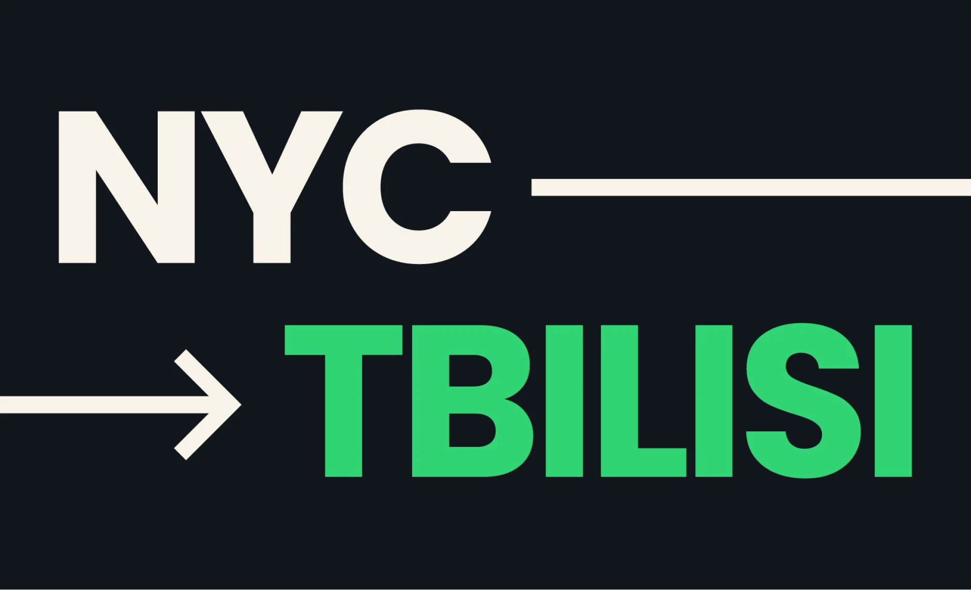 Graphic text art displaying 'NYC' and 'Tbilisi' with an arrow, creating a visual representation of travel or direction between the two cities.