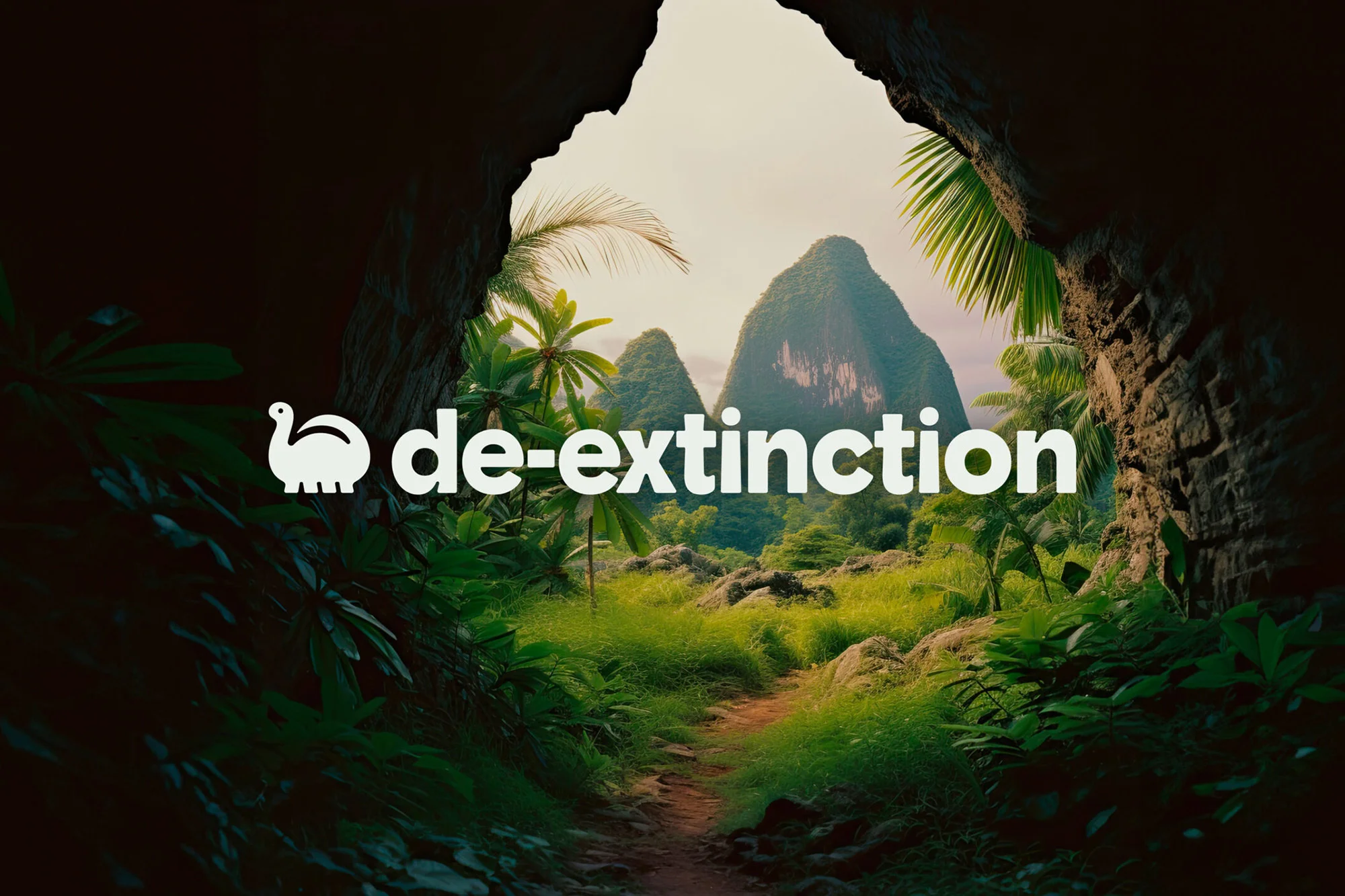 Illustration of a path leading through a vibrant green landscape with mountains, palm trees, and the text 'de-extinction'.