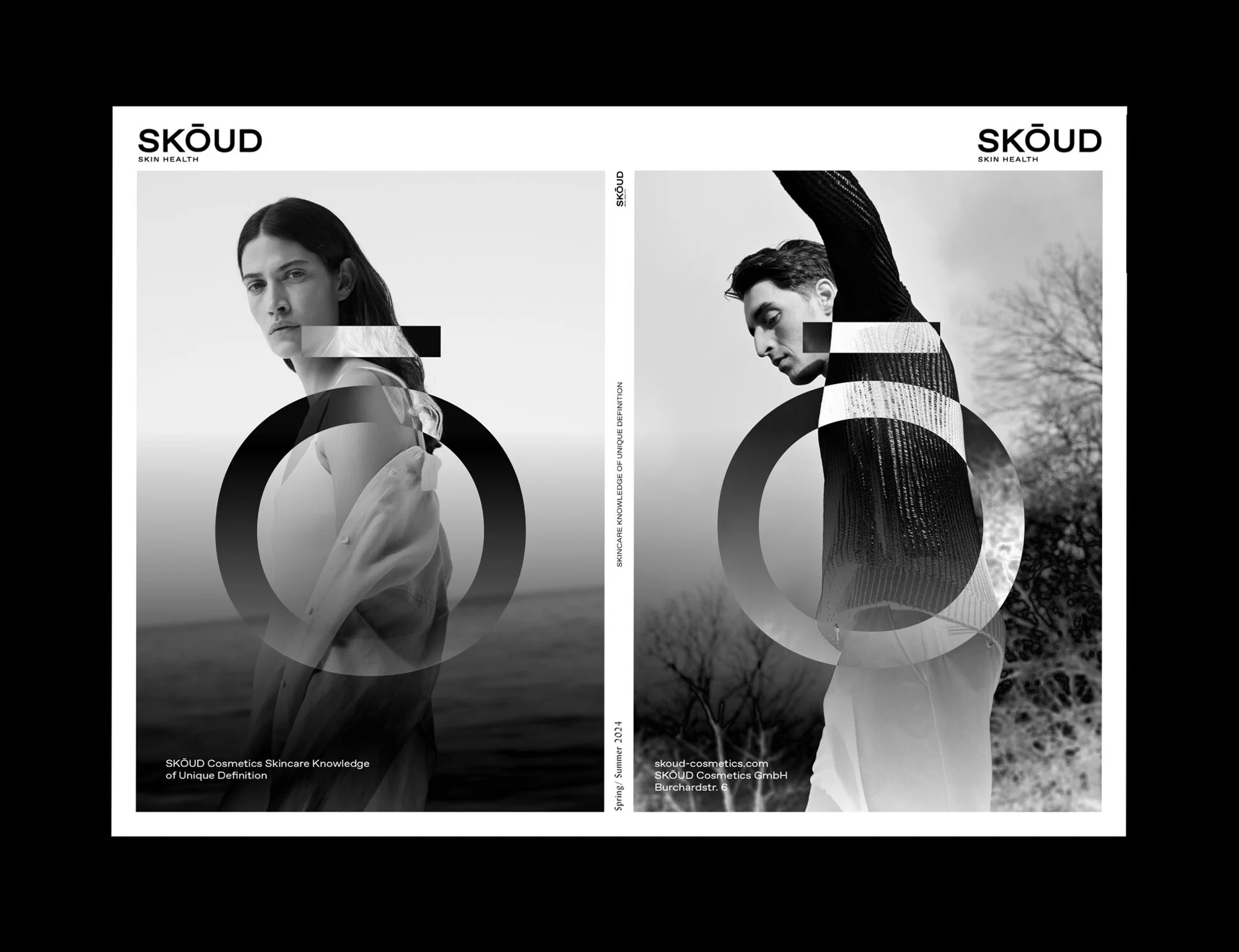 Black and white editorial layout featuring two models with overlapping graphic circular branding elements for SKOUD Cosmetics
