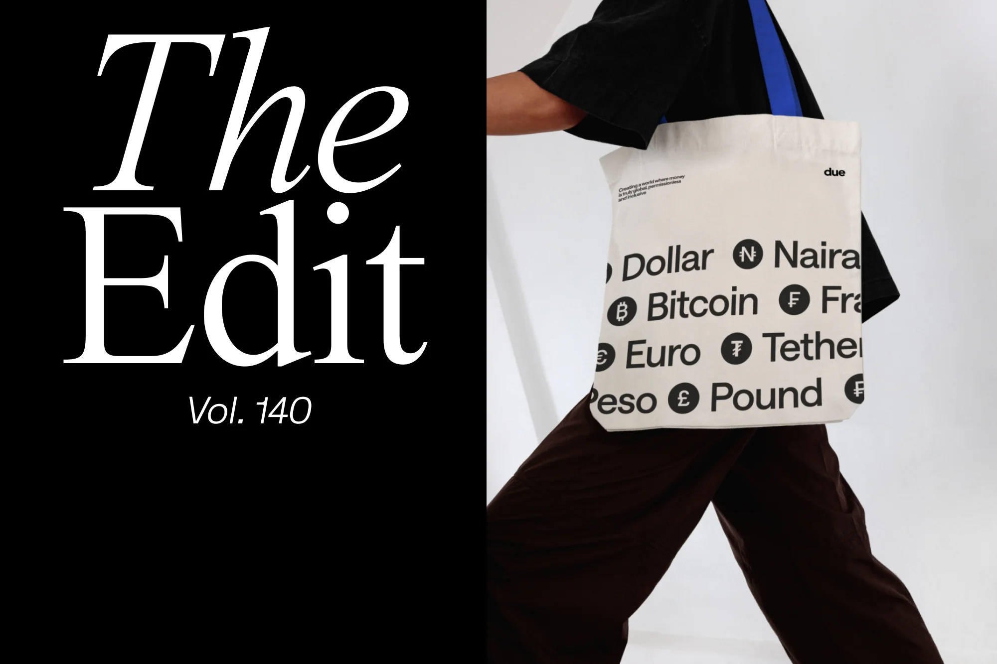 Model walking with a white tote bag featuring various currency symbols printed on it, including Dollar, Bitcoin, Euro, and Pound.