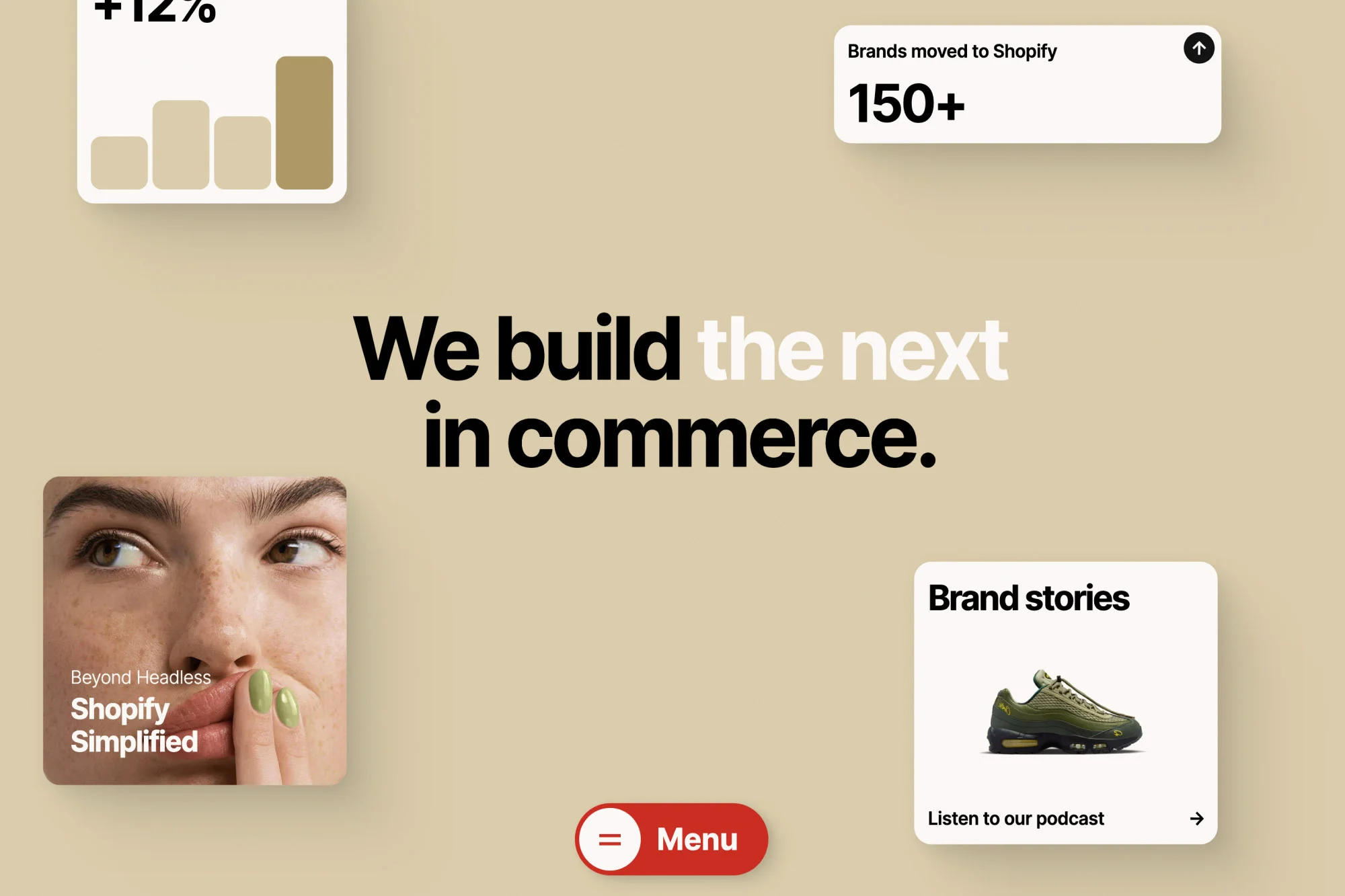 Website visual featuring a woman's face, marketing data, a sneaker, and text emphasizing commerce, brands, and Shopify for business and technology.