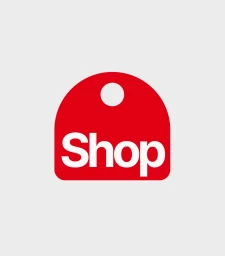 Red arched tag logo featuring the word Shop in bold white letters set against a solid light grey background