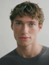 Close up portrait of a young man with brown curly hair and blue eyes wearing a dark grey t shirt against a neutral white background