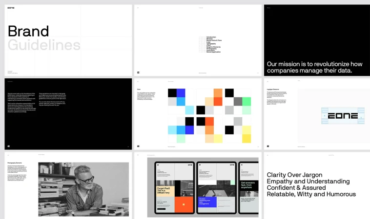 Brand guideline presentation featuring text, Zone logo, geometric color block designs, and a portrait of a man with glasses.