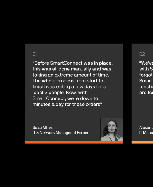 Customer testimonials featuring text quotes and headshots on a dark background with orange accents, designed for technology marketing.