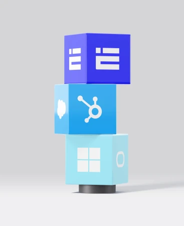 Three stacked cubes in shades of blue displaying white app icons, staged against a solid grey backdrop with subtle lighting and shadows.