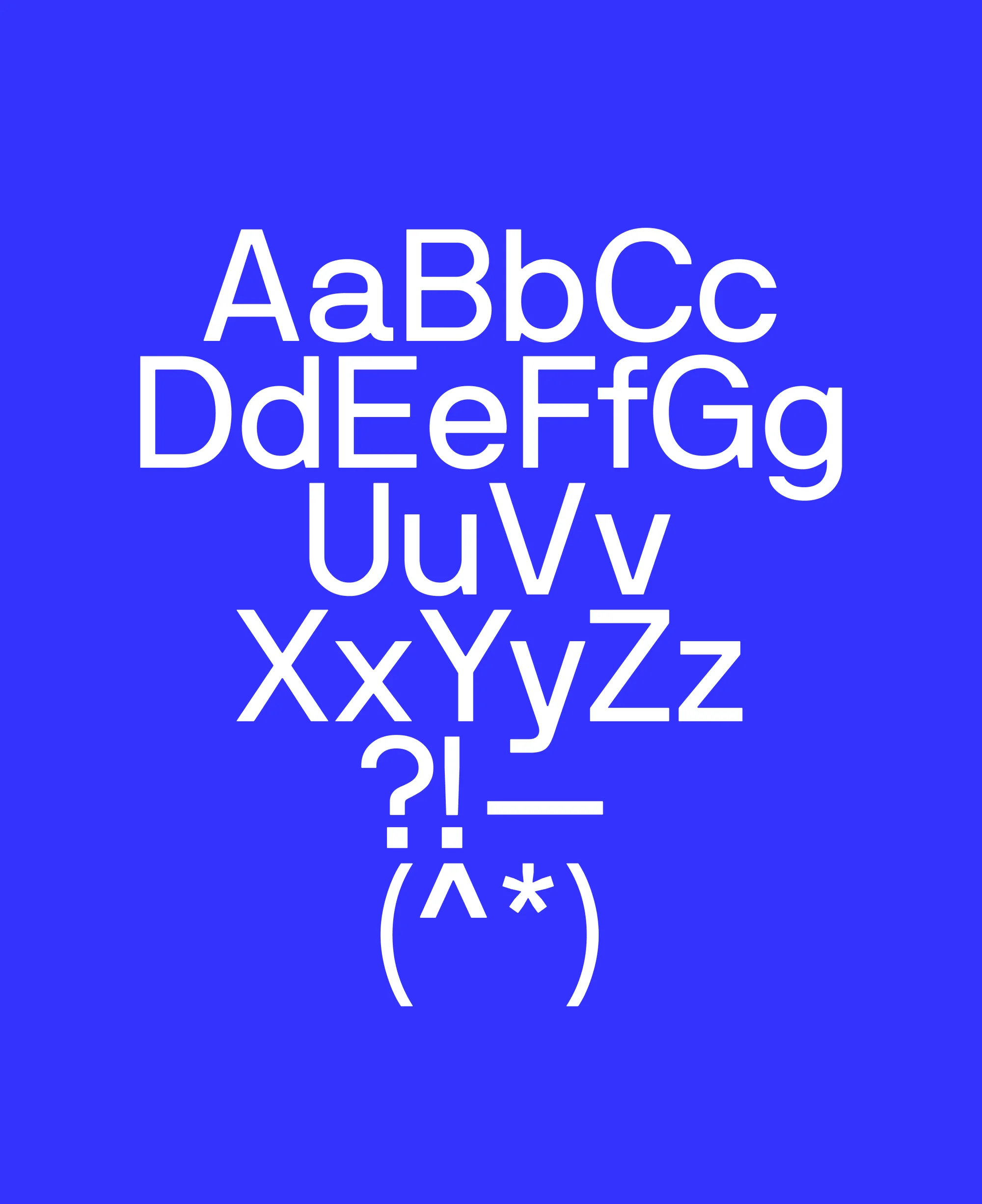 Alphabet letters and punctuation marks in white font against a royal blue background, simple design, education theme.