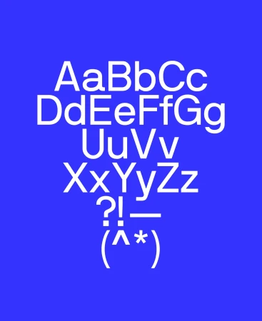 Alphabet letters and punctuation marks in white font against a royal blue background, simple design, education theme.