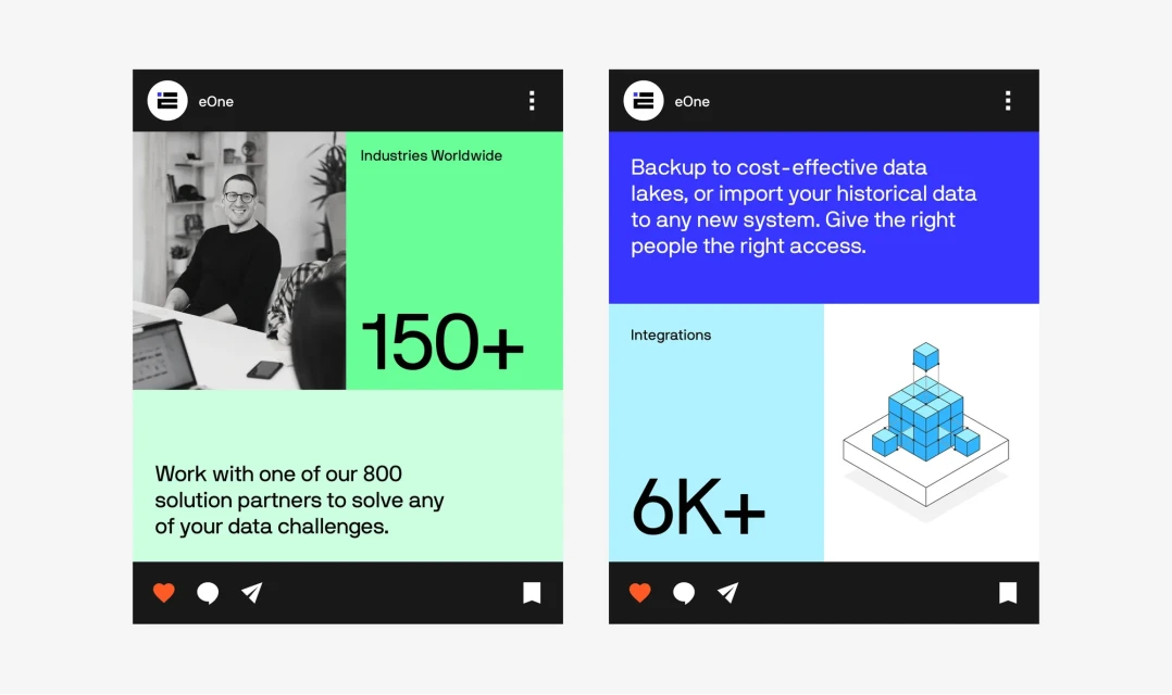 Two frames display a business presentation with office shots, graphical data representations, and data-driven company descriptions.