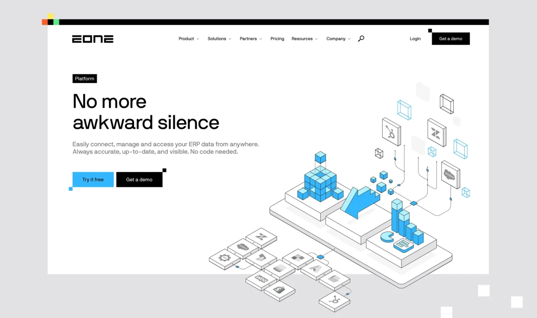 Website homepage for Zone software company featuring UI elements, buttons, and blue isometric graphics, white background with company name.