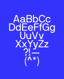 White uppercase and lowercase typography displaying alphabet letters and punctuation on a vibrant blue background.