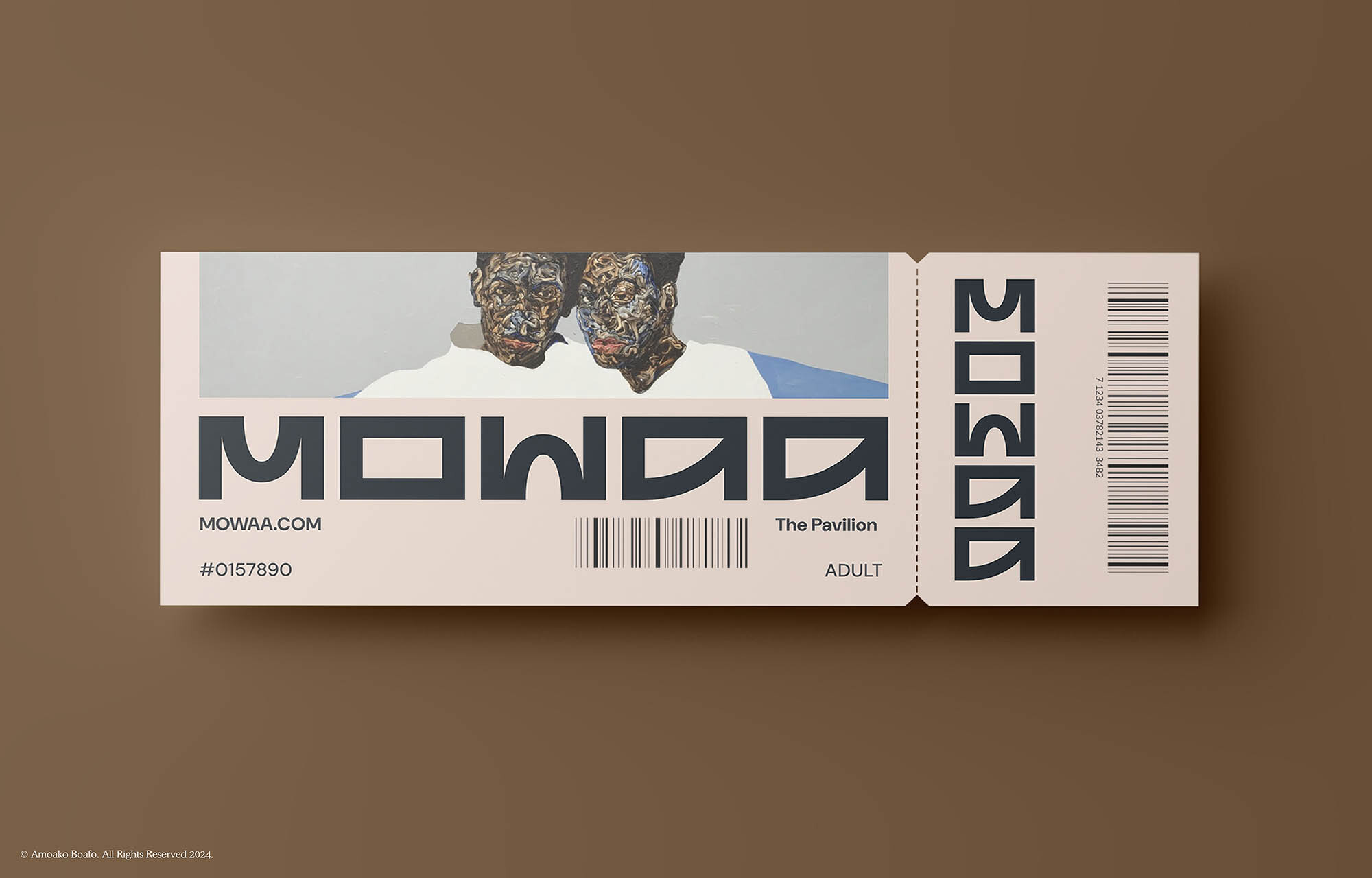A cream-colored ticket with graphic design elements, artwork depicting two people, and bold typography, on a tan colored background.