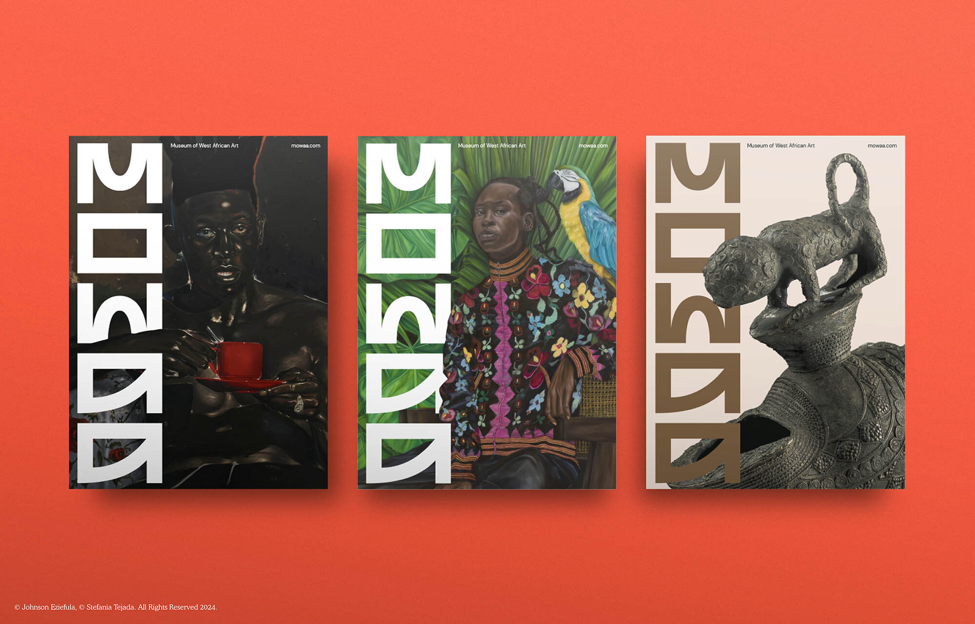 Three art posters in front of an orange background. One features a person holding a red cup, another a person and a macaw.