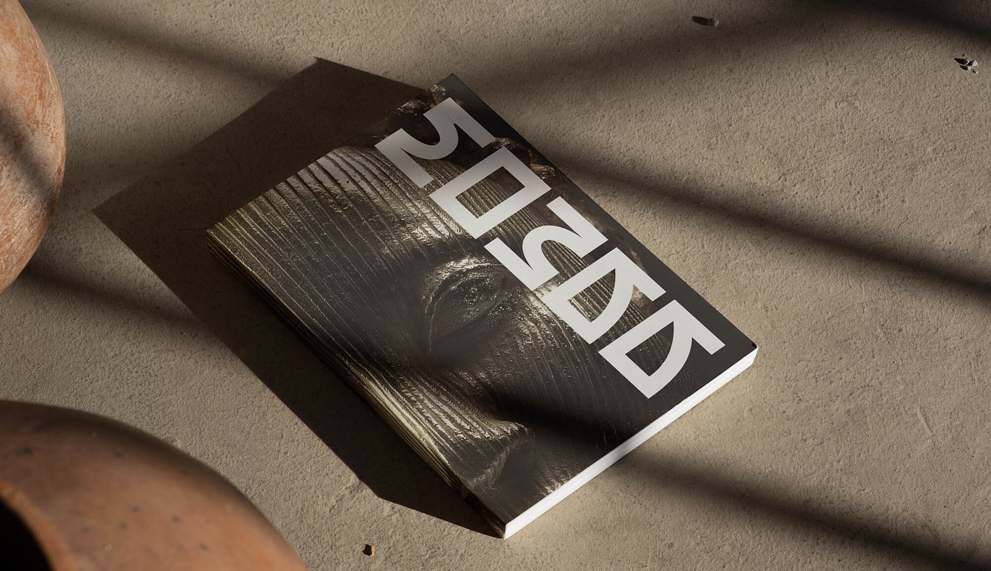 Abstract artistic magazine cover featuring an eye in shades of gray on a textured beige concrete background with natural sunlight shadows.