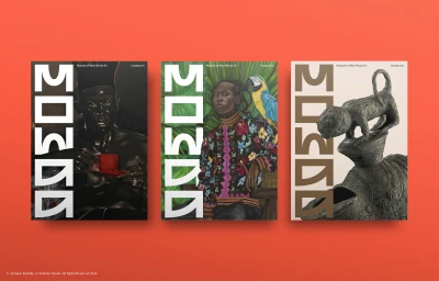 Three vertical art posters with bold typography displaying brand identity for MOWAA against an orange backdrop