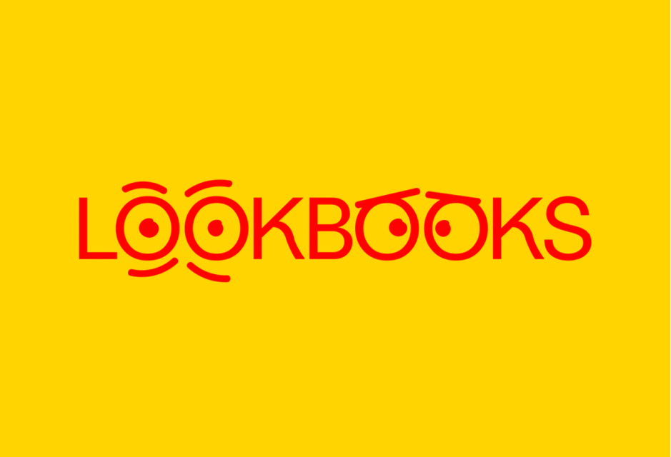 Stylized 'LOOKBOOKS' text logo in red, featuring playful eye icons replacing the 'O' letters, set against a vibrant yellow background.