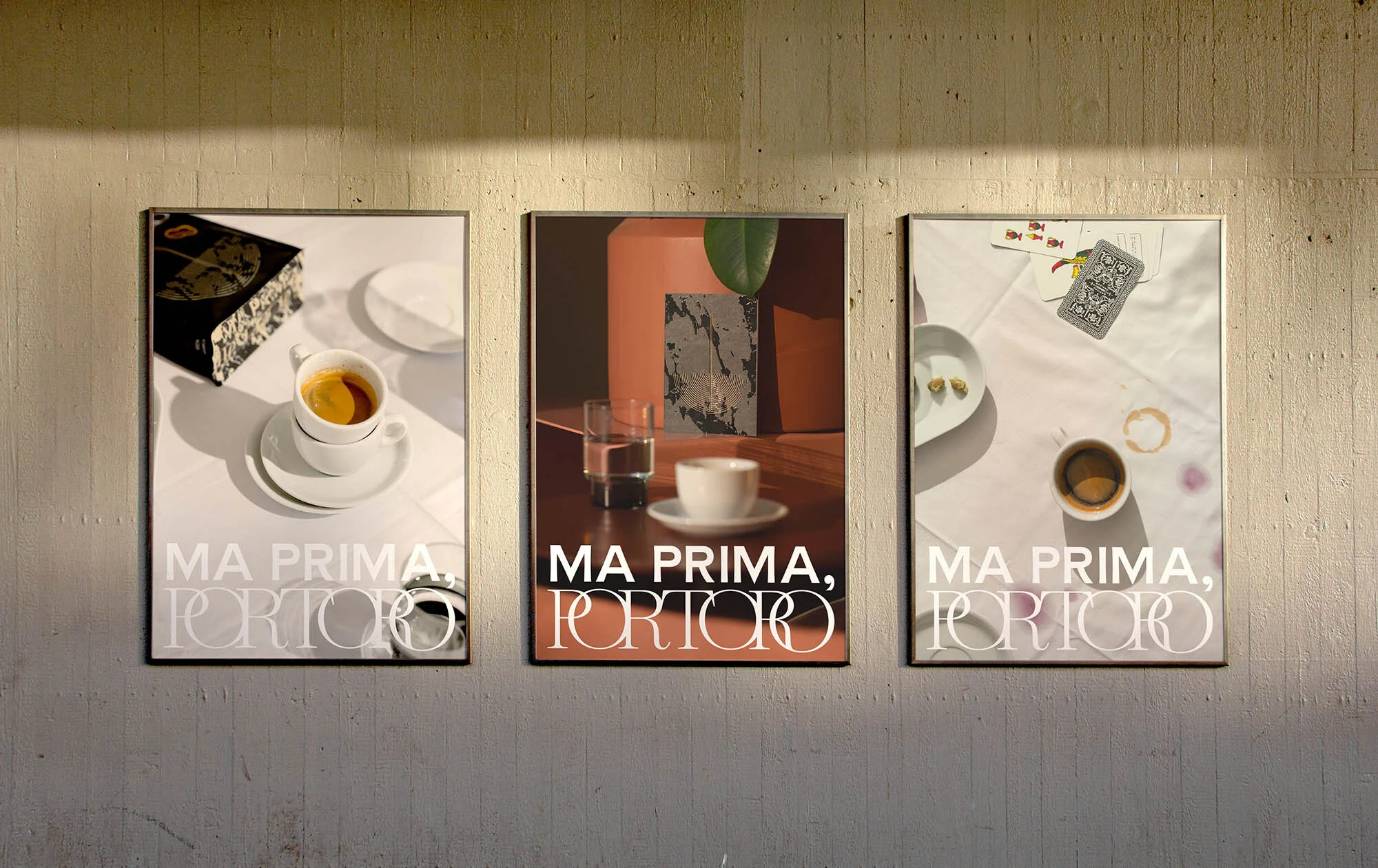 Three framed posters on a textured wall showcase coffee cup visuals, creating a simple, modern, and inviting composition.
