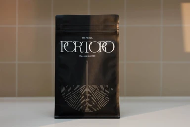 Black coffee bag with elegant white typographic branding set against beige tiled wall and white counter.
