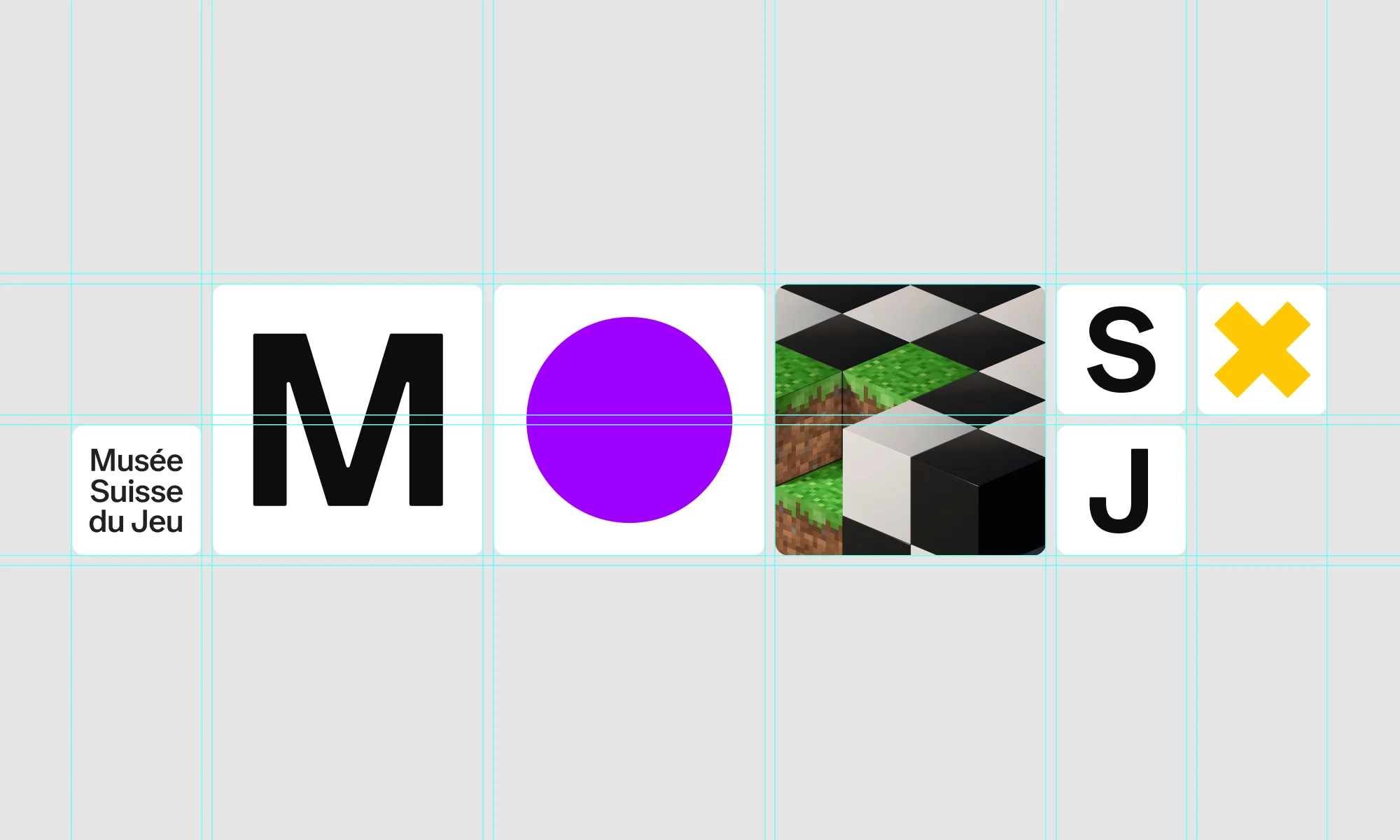 Text and graphics featuring letters, a circle, pixelated cubes, and a yellow X on a light gray background with grid lines.