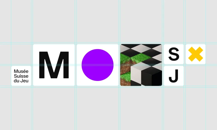 Text and graphics featuring letters, a circle, pixelated cubes, and a yellow X on a light gray background with grid lines.