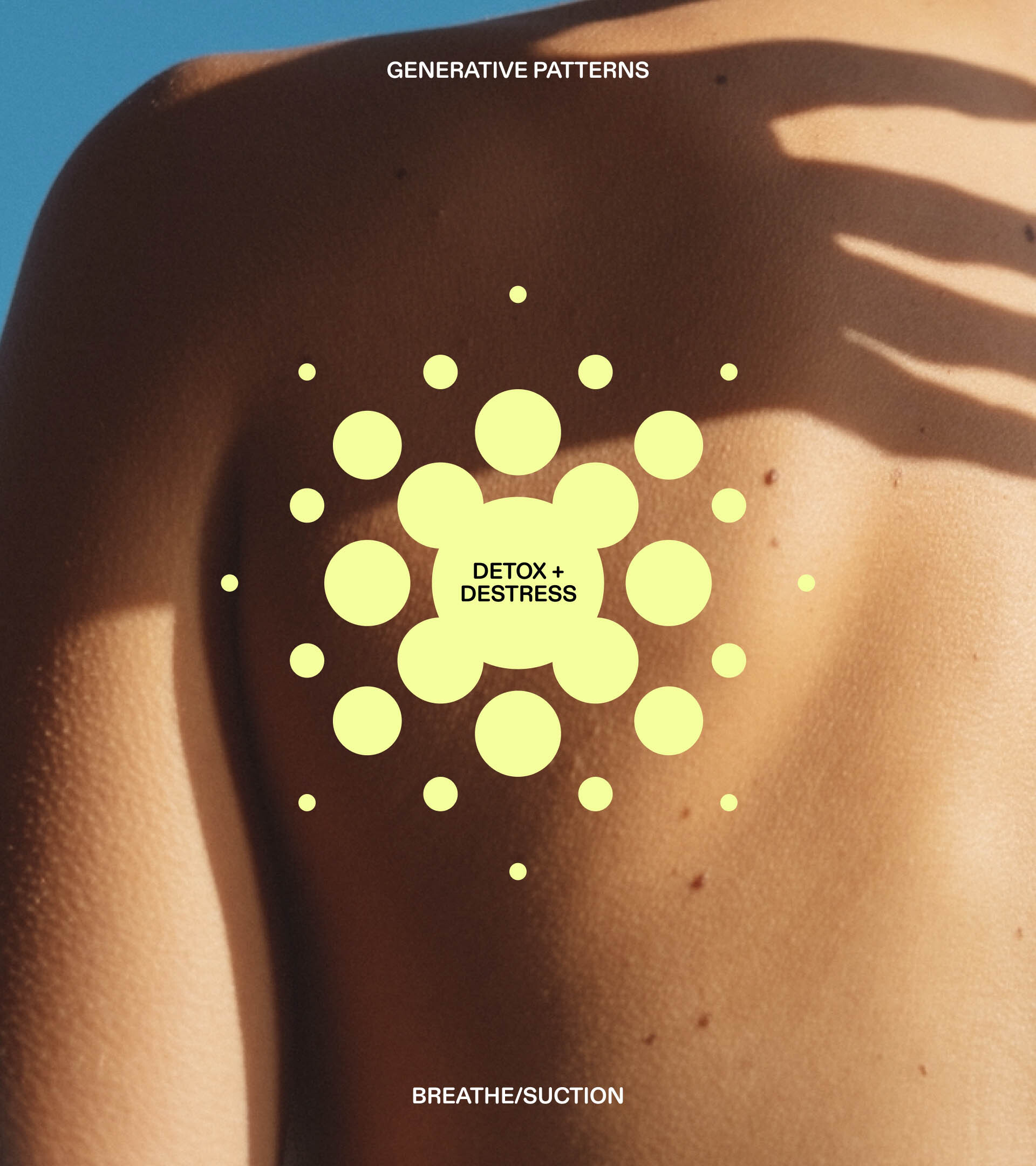 Abstract skincare treatment ad showing adult back, dappled sunlight, and a circular graphic of yellow dots with detox and destress text.