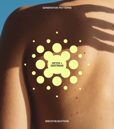 Abstract skincare treatment ad showing adult back, dappled sunlight, and a circular graphic of yellow dots with detox and destress text.