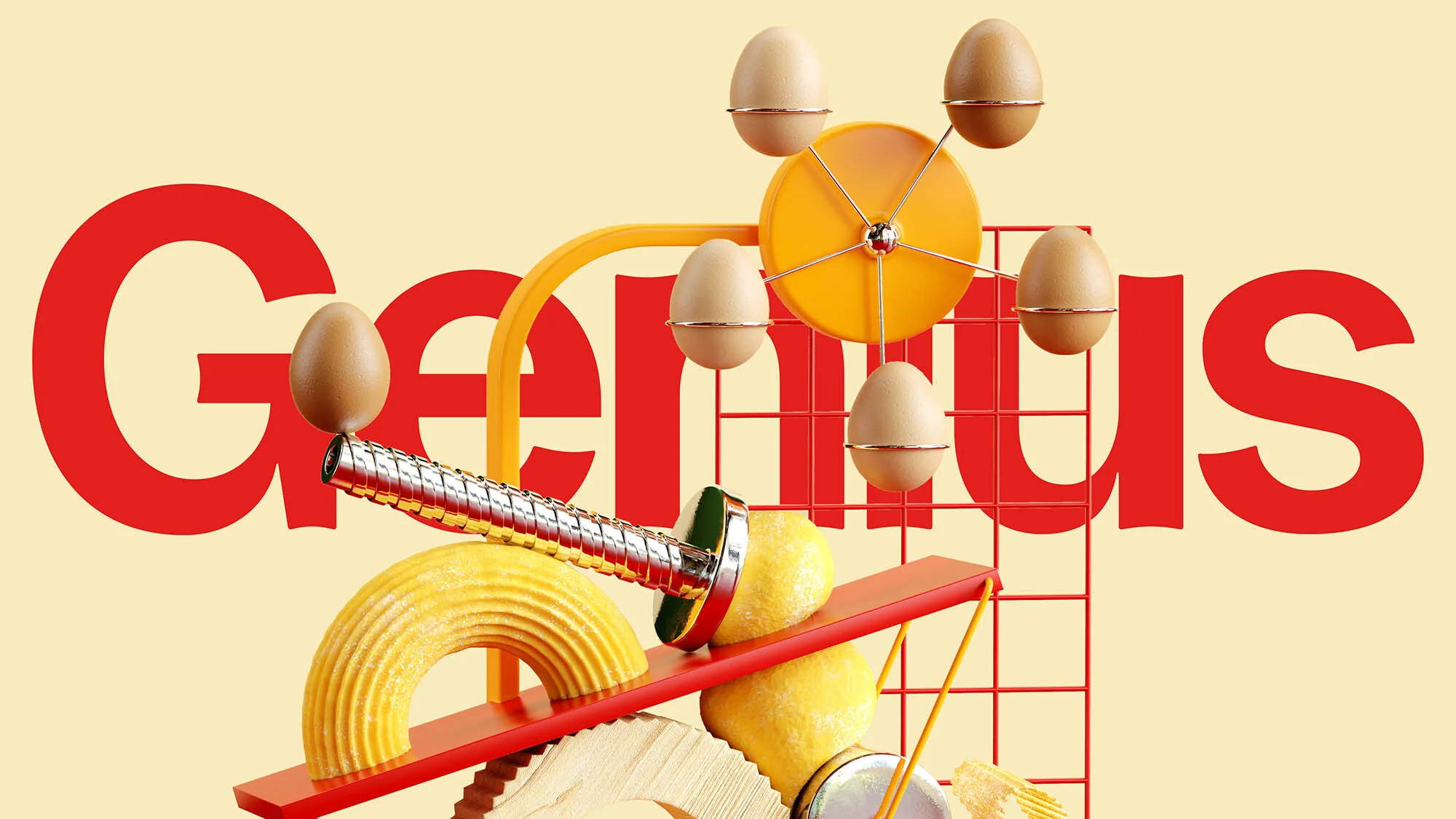 Whimsical still life with eggs, pasta, and citrus fruits arranged in a colorful, abstract food art composition.