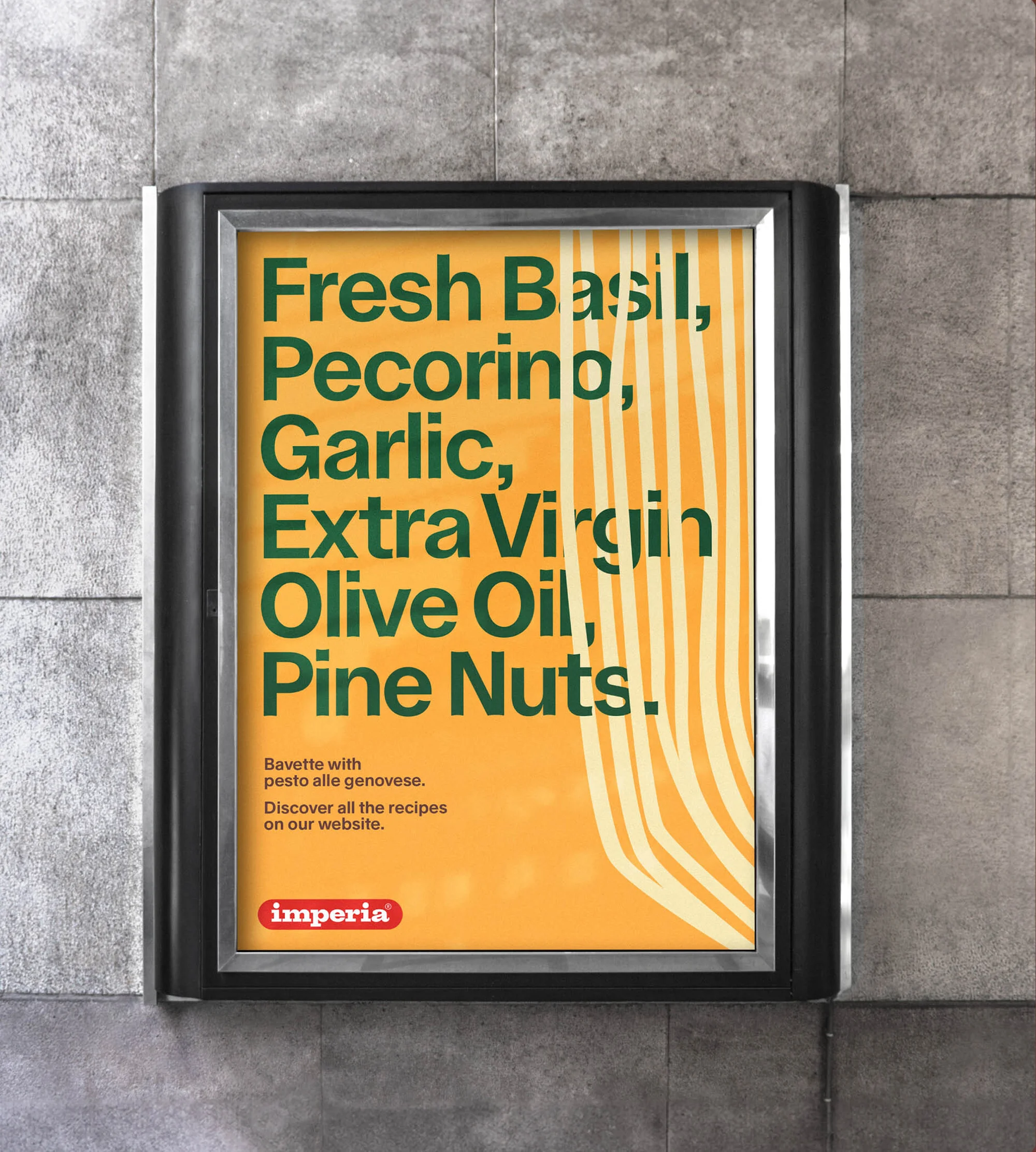 Imperia brand advertisement on a black-framed sign featuring pesto ingredients, including basil, pecorino, garlic, and pine nuts.