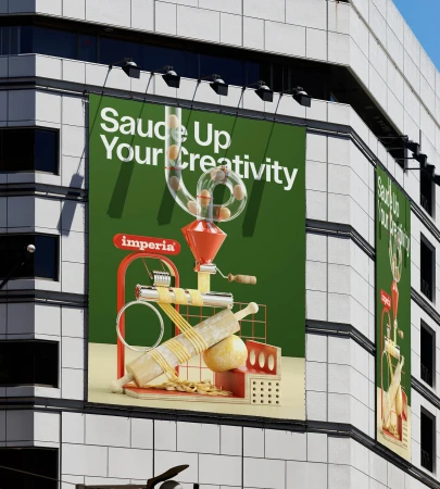Eye-level shot of a large billboard attached to a building featuring an advertisement for Imperia pasta sauce with food-related objects.