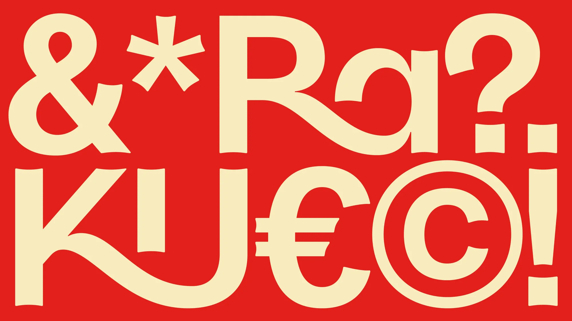Typography art with symbols and punctuation in beige on a red background creates an abstract and artistic composition.