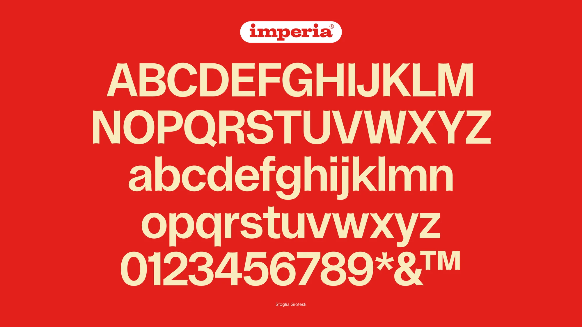 Font design featuring the complete alphabet, numbers, and symbols in a cream color against a solid red background. Typography showcase.