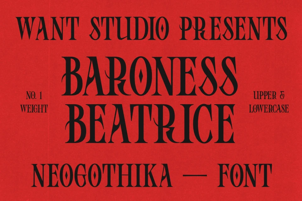 Text graphic on a red background presents font 'Baroness Beatrice' by Want Studio, displaying both uppercase and lowercase letters in black.