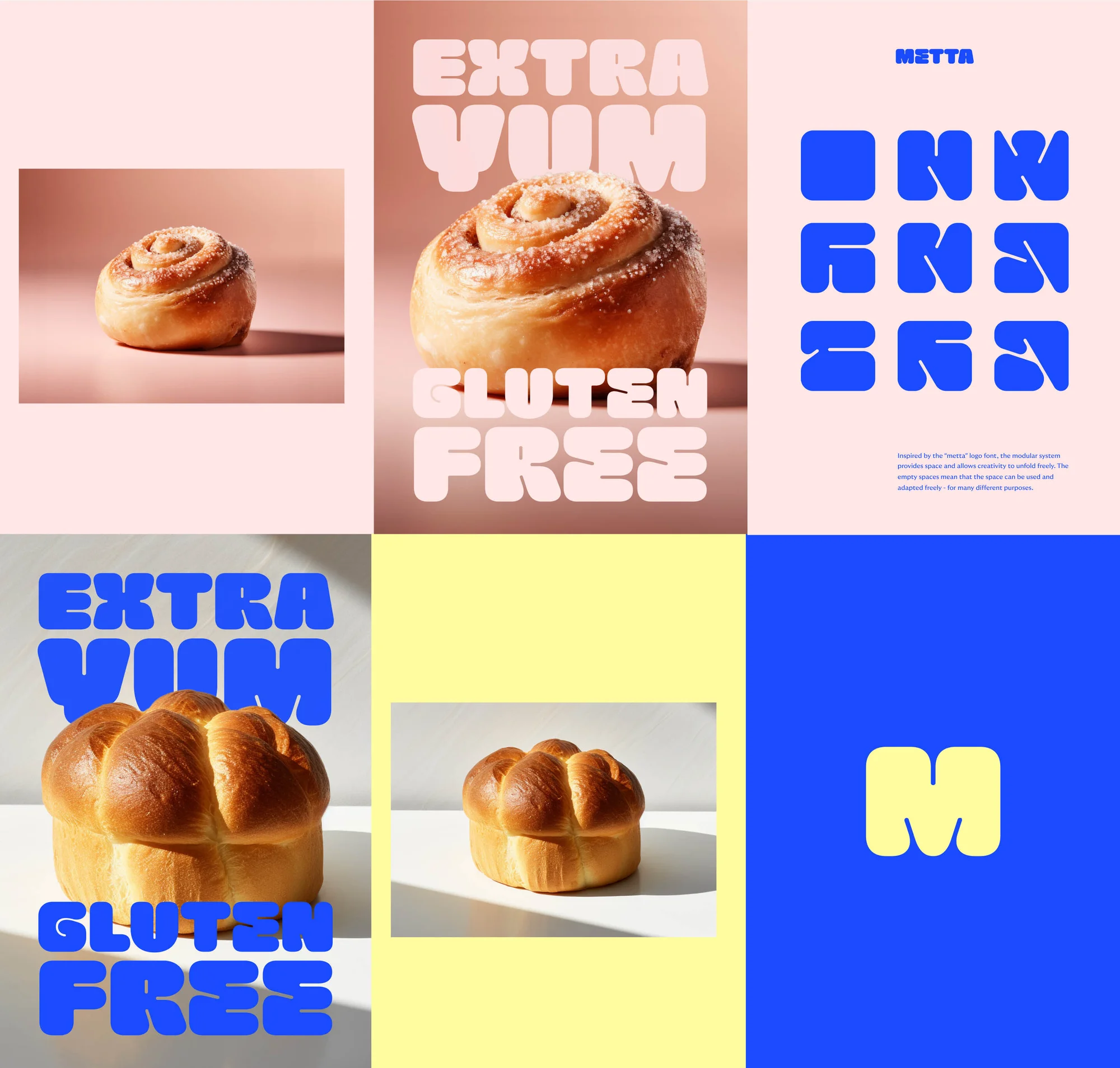 Creative flat lay of pastries including cinnamon rolls and challah bread, paired with modern typography and playful layouts in pink and yellow.