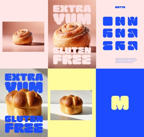 Creative flat lay of pastries including cinnamon rolls and challah bread, paired with modern typography and playful layouts in pink and yellow.