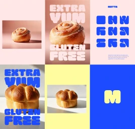 Branding design layout featuring baked pastries and bold blue typography for metta by &why