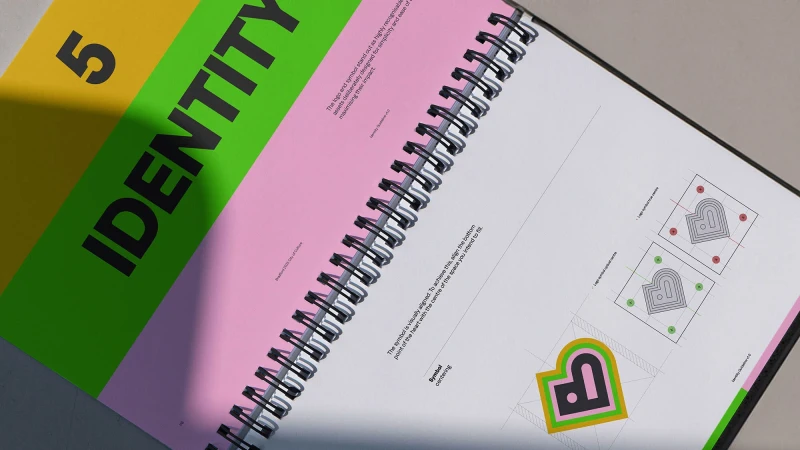 Open spiral notebook page featuring logo design and the word 'Identity' in bold. Graphic design concept in a studio setting.