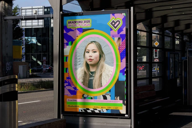 Bradford 2025 UK City of Culture promotional poster featuring a portrait of a young Asian woman in a colorful, modern design.