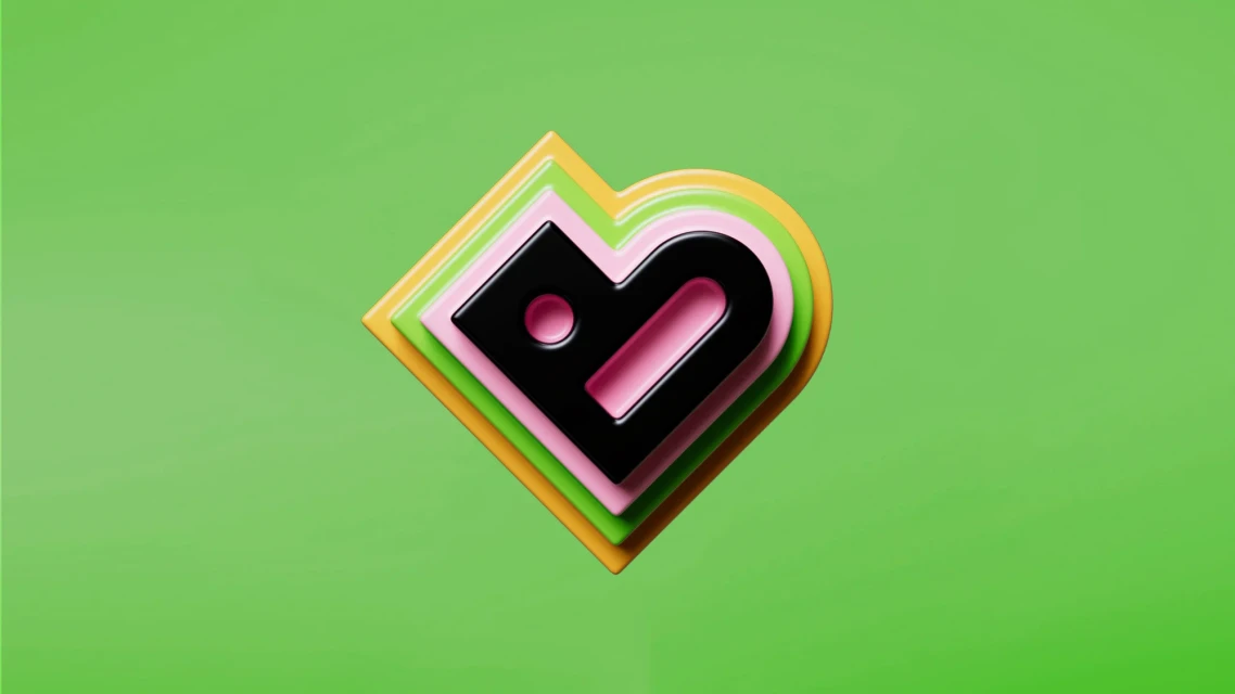 Abstract 3D rendering of a geometric logo design with a stacked layer effect in black, pink, green, and yellow against a green background.