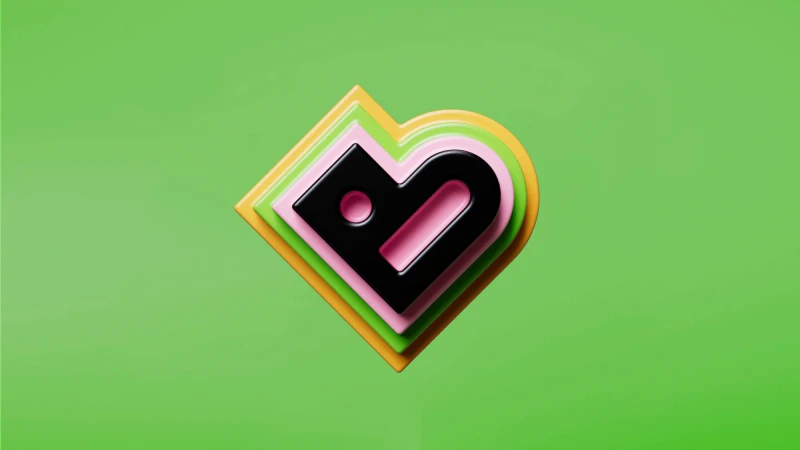Abstract 3D rendering of a geometric logo design with a stacked layer effect in black, pink, green, and yellow against a green background.