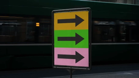 Vertical signpost displaying three coloured panels with black arrows pointing right against a dark street backdrop