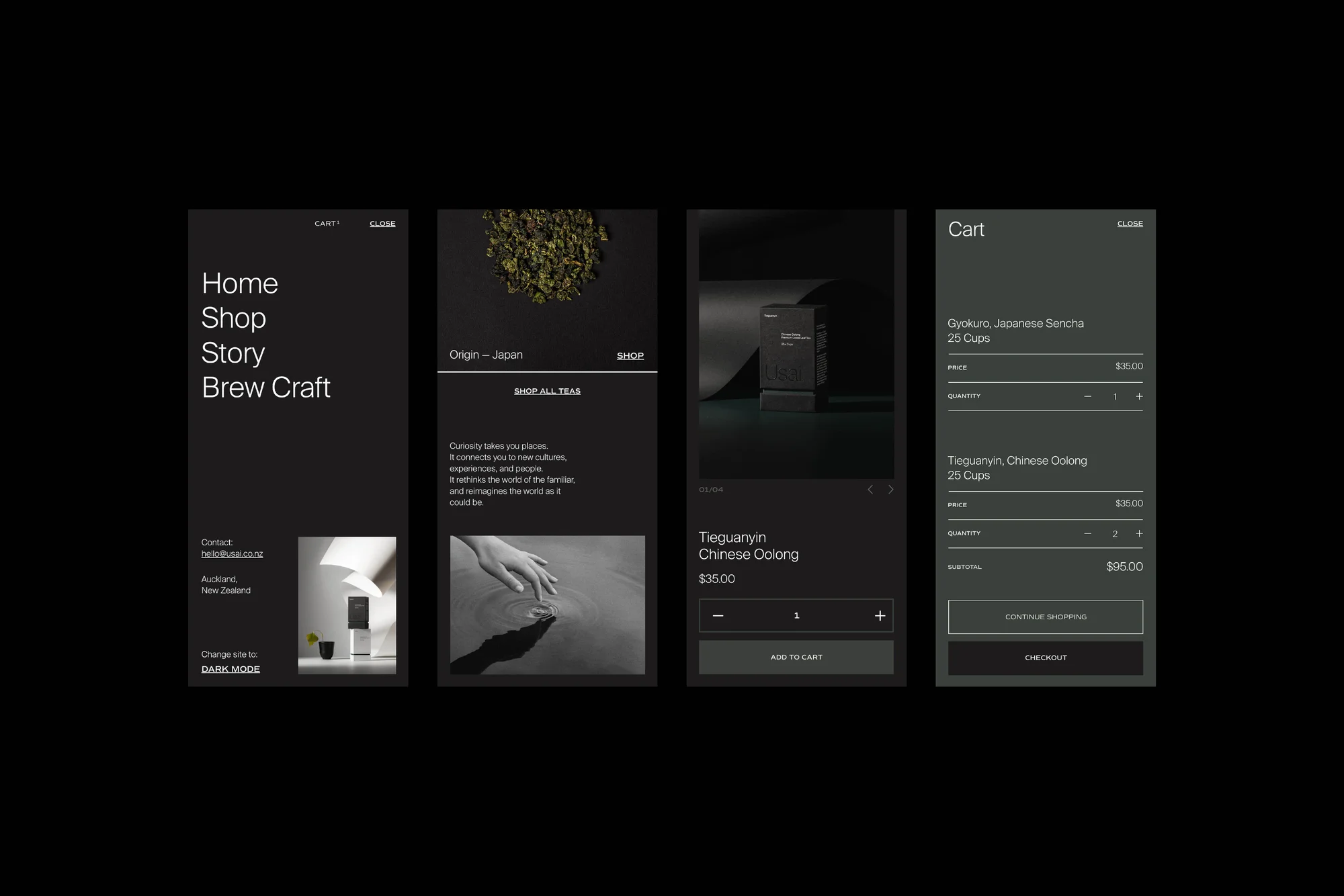 Website design showcasing tea products from Japan and China, displayed on a dark theme user interface with shopping cart and product details.