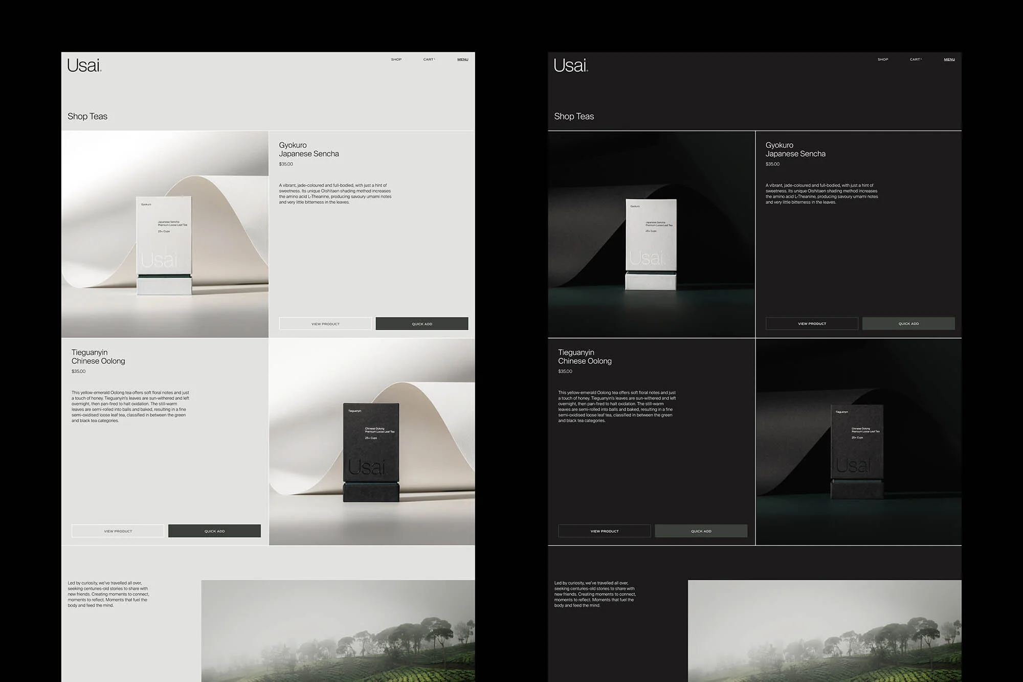 Website design showcasing Usai teas with product boxes, minimalist layouts, contrasting light and dark themes, and hillside landscape view.