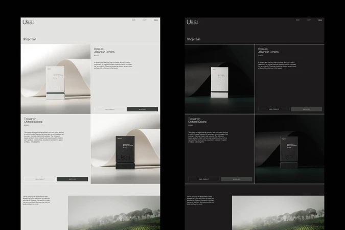 Website design showcasing Usai teas with product boxes, minimalist layouts, contrasting light and dark themes, and hillside landscape view.