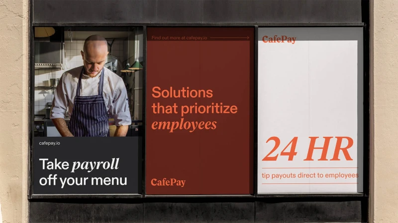 Advertisement featuring a male chef next to CafePay advertising promoting payroll solutions for employees in an indoor environment.