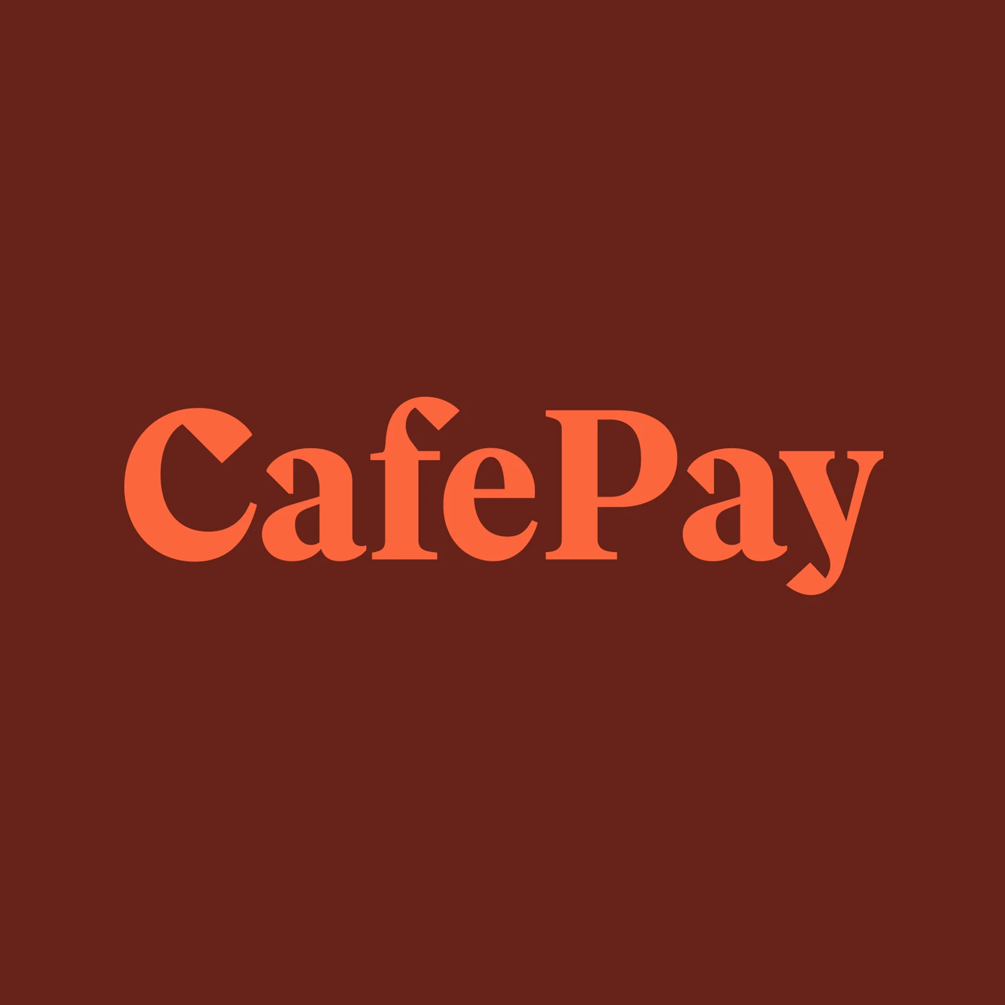 CafePay logo displayed on a brown background, featuring an orange sans-serif font for a clean, modern design.