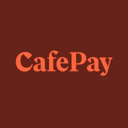 CafePay logo featuring orange serif typography centered on a dark reddish-brown background